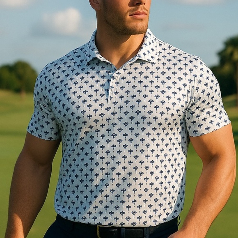 NWOT STRAIGHT DOWN White & Blue Palm Tree Moisture Wicking Polo Golf Shirt XXL